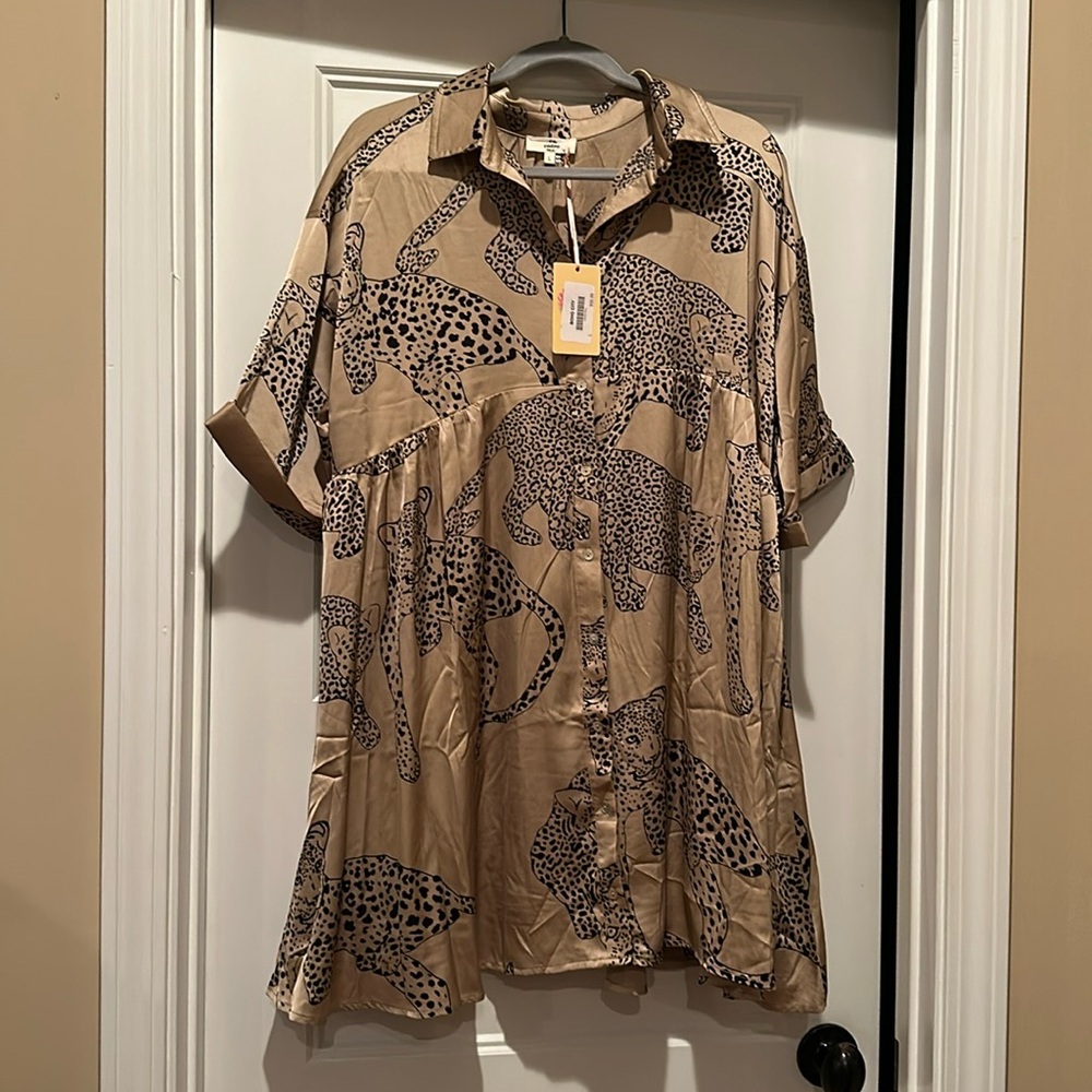 Entro button up leopard print satin babydoll dress
